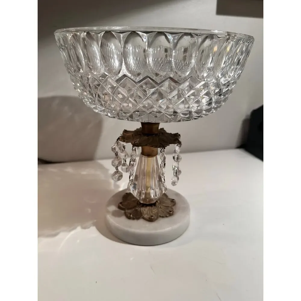 VTG Hollywood Regency Crystal pedestal Bowl W/Prisms Brass Glass Marble Base